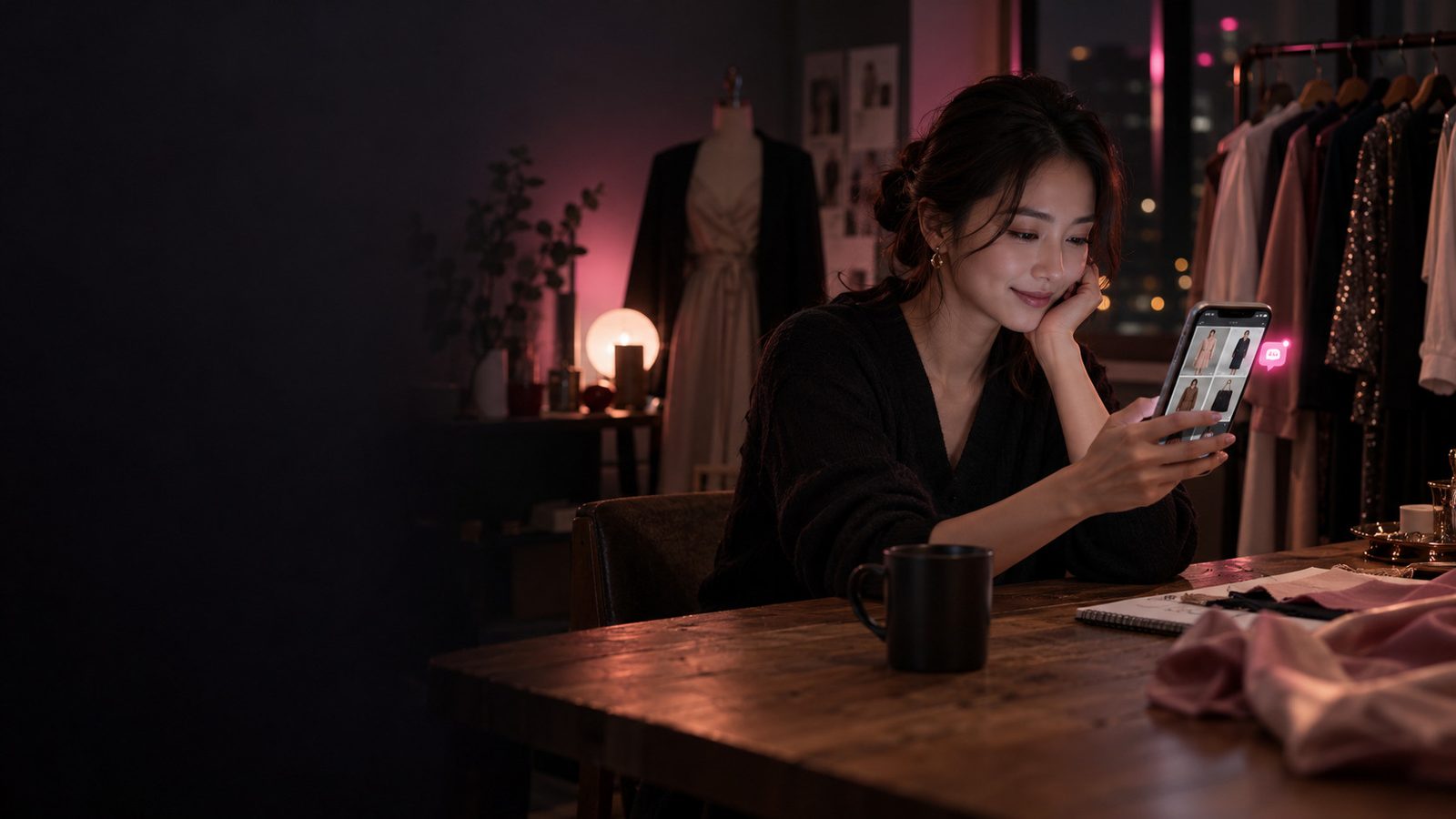 인스타 피드를 보며 미소 짓는 판매자